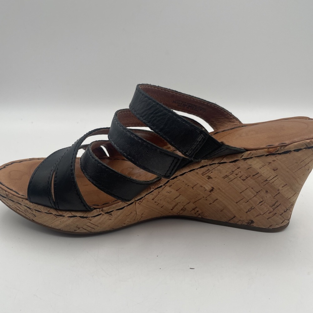 Born Women's Wedge Sandal Size 7/38 Cork Heel Platform Black Leather Strappy - Picture 6 of 9